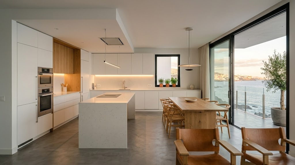 Cocina con isla central reformada en La Laguna